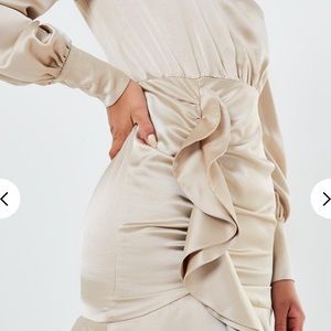 champagne ruffle satin long sleeve mini dress